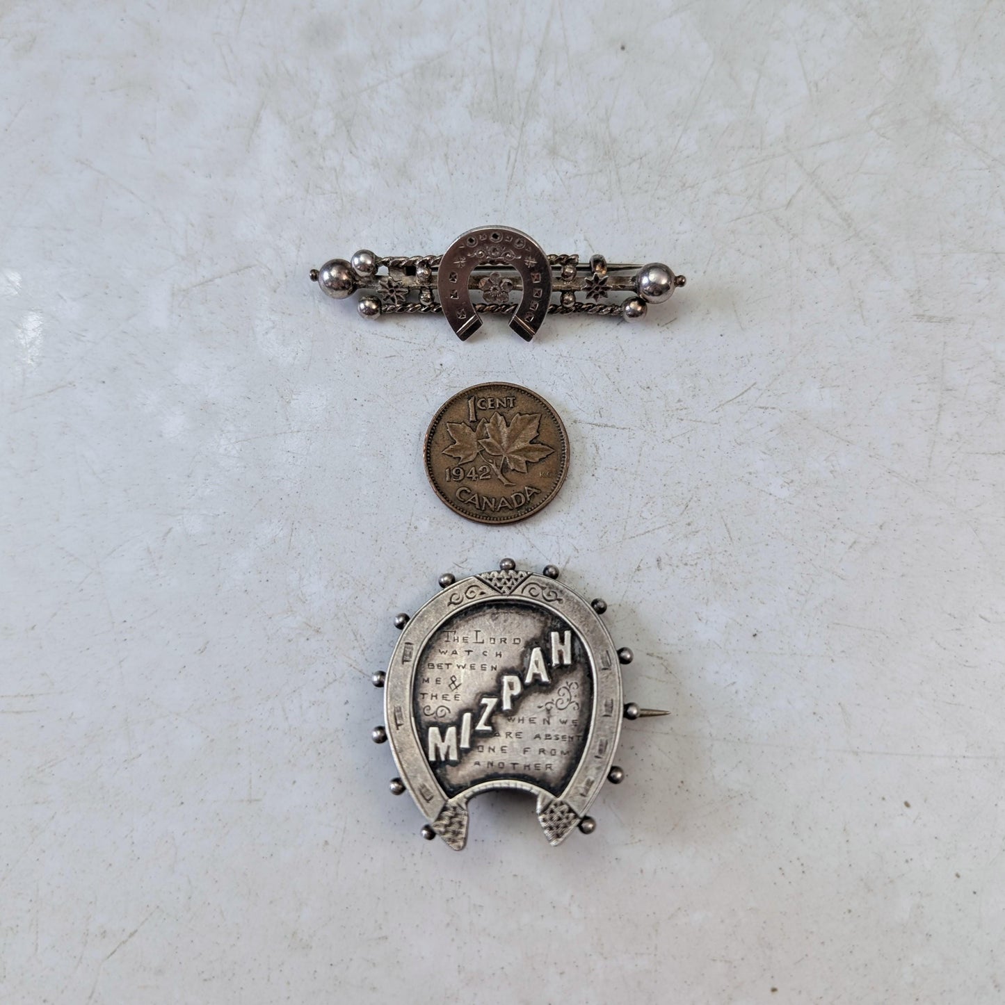 Set of Victorian Sterling Silver Brooches - Mizpah & Lucky Horseshoe Sweetheart Brooches