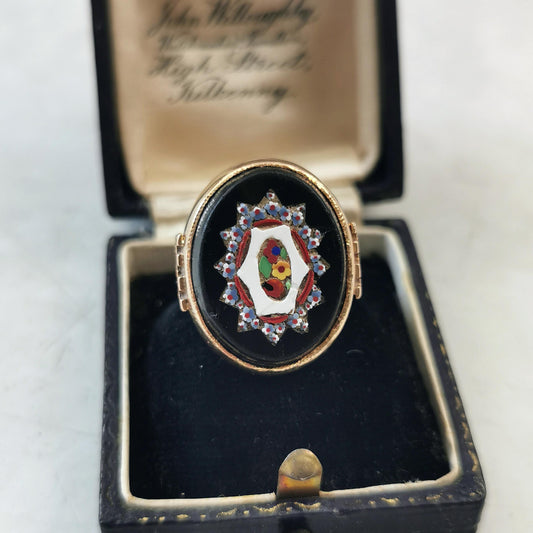 Antique Yellow Gold Micro Mosaic Flower Mosaic Statement Ring