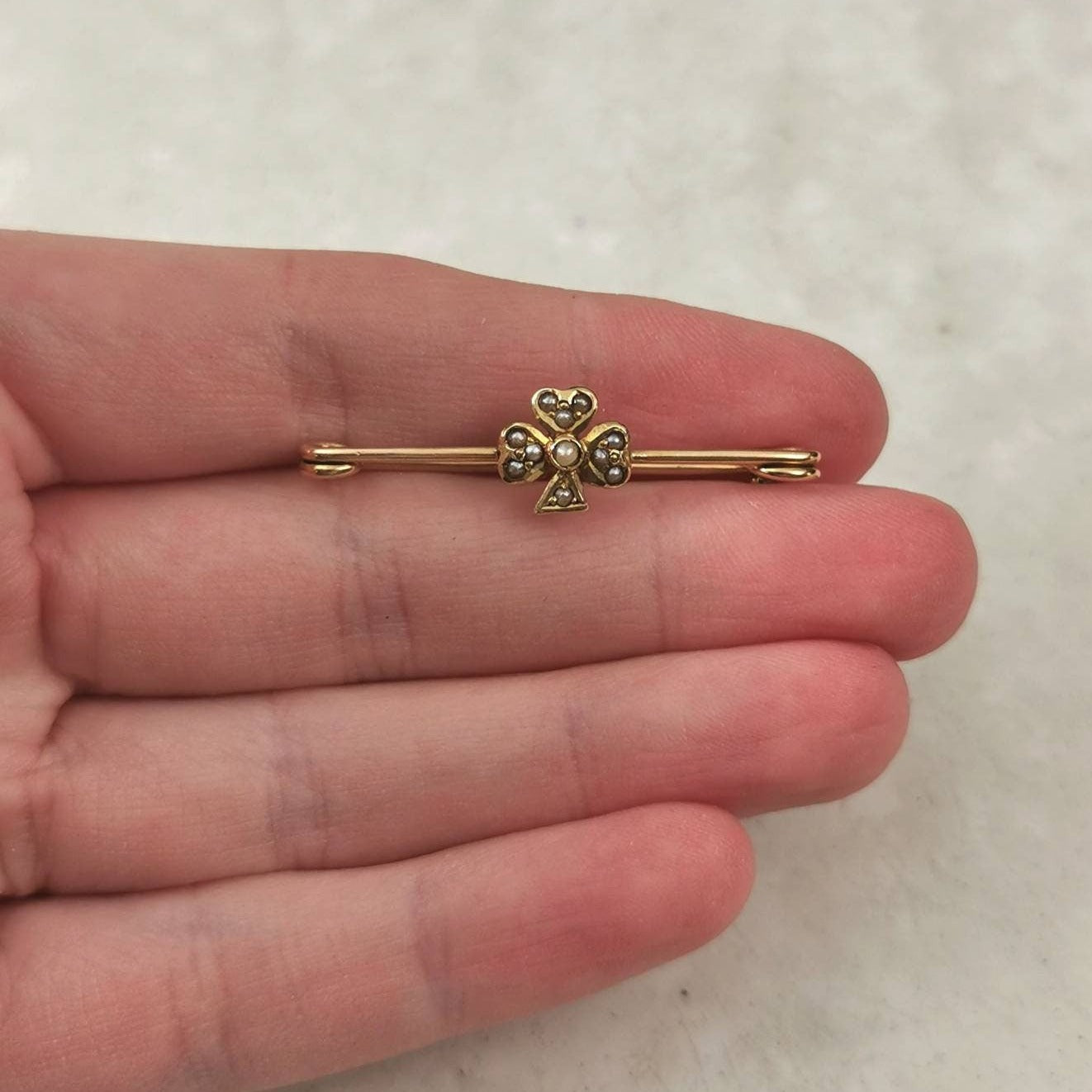 Victorian 14k Yellow Gold Seed Pearl Clover Safety Pin Brooch