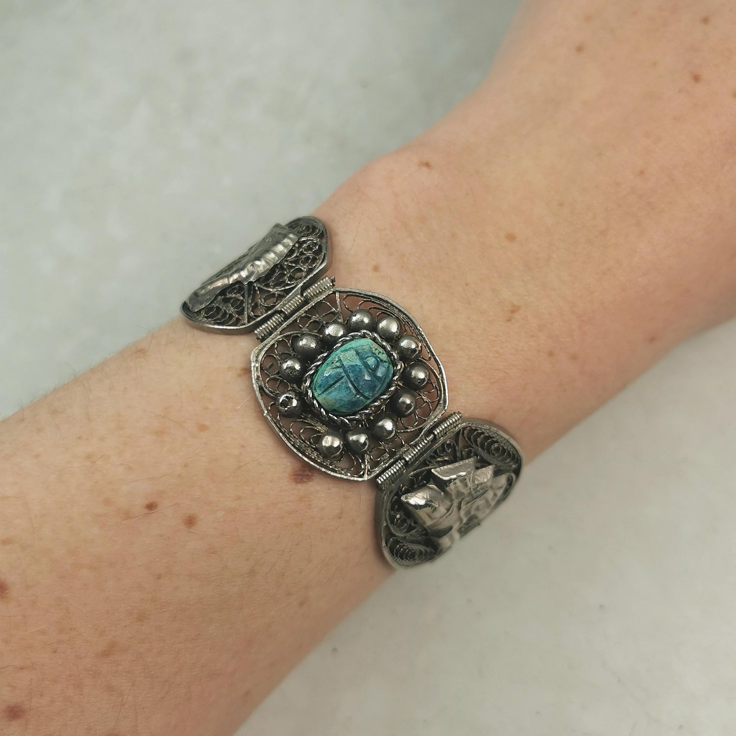 Vintage Egyptian Silver and Faience Scarab Beetle Filigree Bracelet