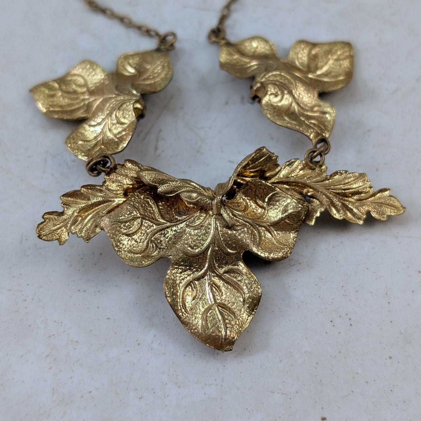 Antique Art Nouveau Brass Ivy Leaf Necklace - Paste Stone Gold Filled Collar Necklace - 16.5"
