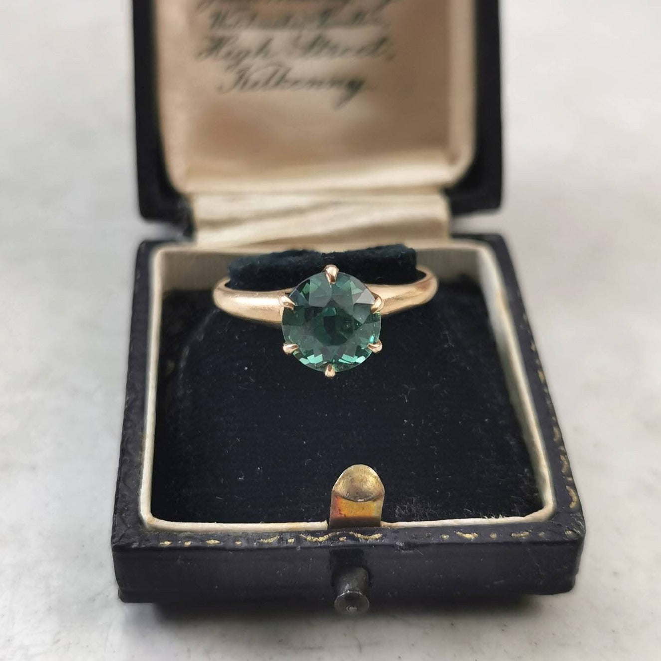 Antique Edwardian 14k Yellow Gold 2.65ct Blue Green Tourmaline Solitaire Ring