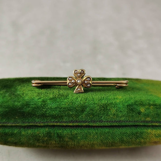 Victorian 14k Yellow Gold Seed Pearl Clover Safety Pin Brooch