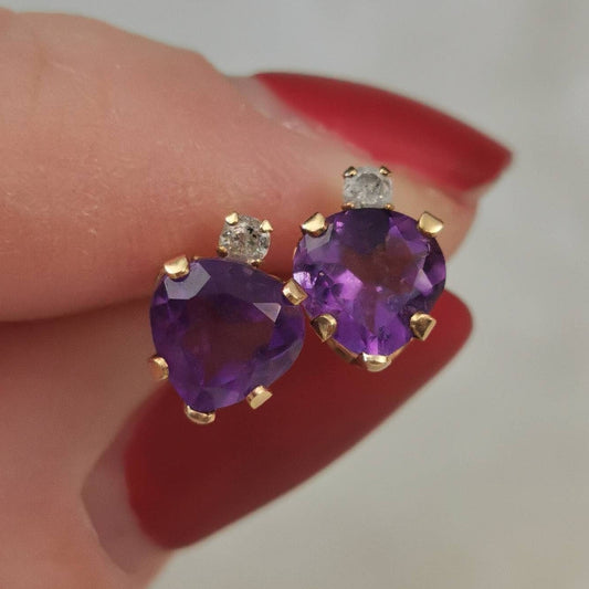 Estate 10k Yellow Gold Amethyst Heart and Diamond Studs