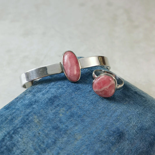 Vintage Sterling Silver Rhodochrosite Set - Ring and Cuff Bracelet