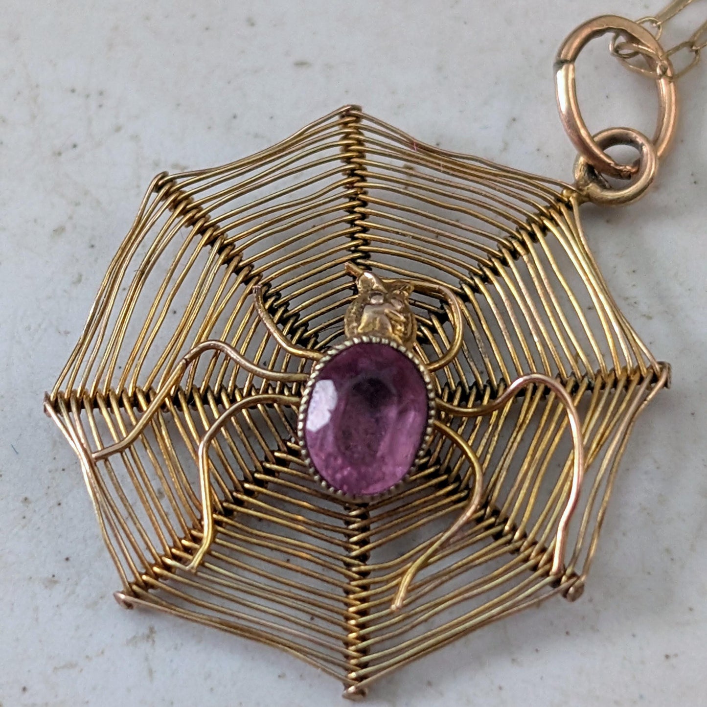 Victorian 9ct Yellow Gold Spider Web Charm Necklace