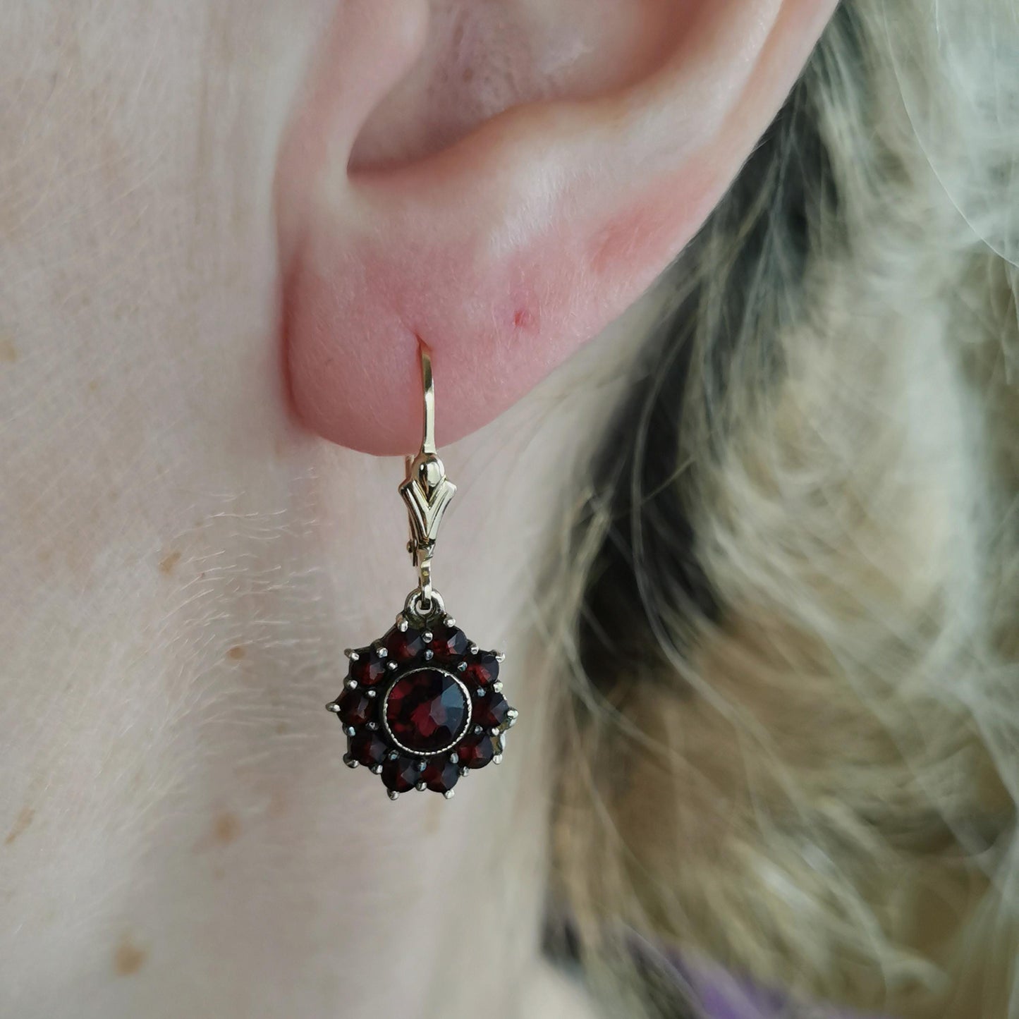 Vintage Bohemian Garnet Lever Back Earrings - Sterling Silver & 14k Gold Filled