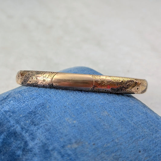 Antique Gold Filled Black Enamel Floral Engraved Bangle Bracelet