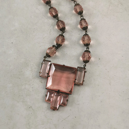Antique Czech Pink Glass Panel  Beaded Necklace