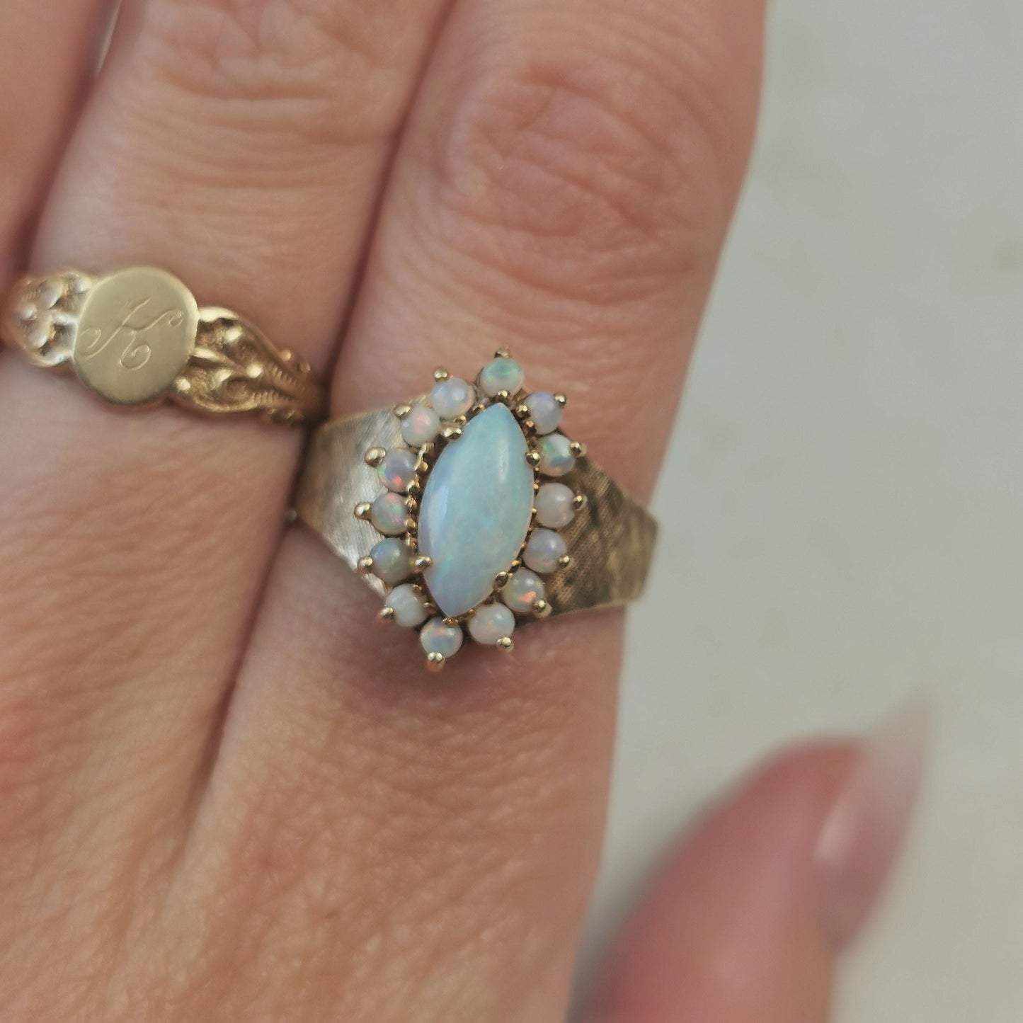 Vintage 10k Opal Cluster Ring - Mid-century Yellow Gold Marquise Opal Tiara Ring - Size 7