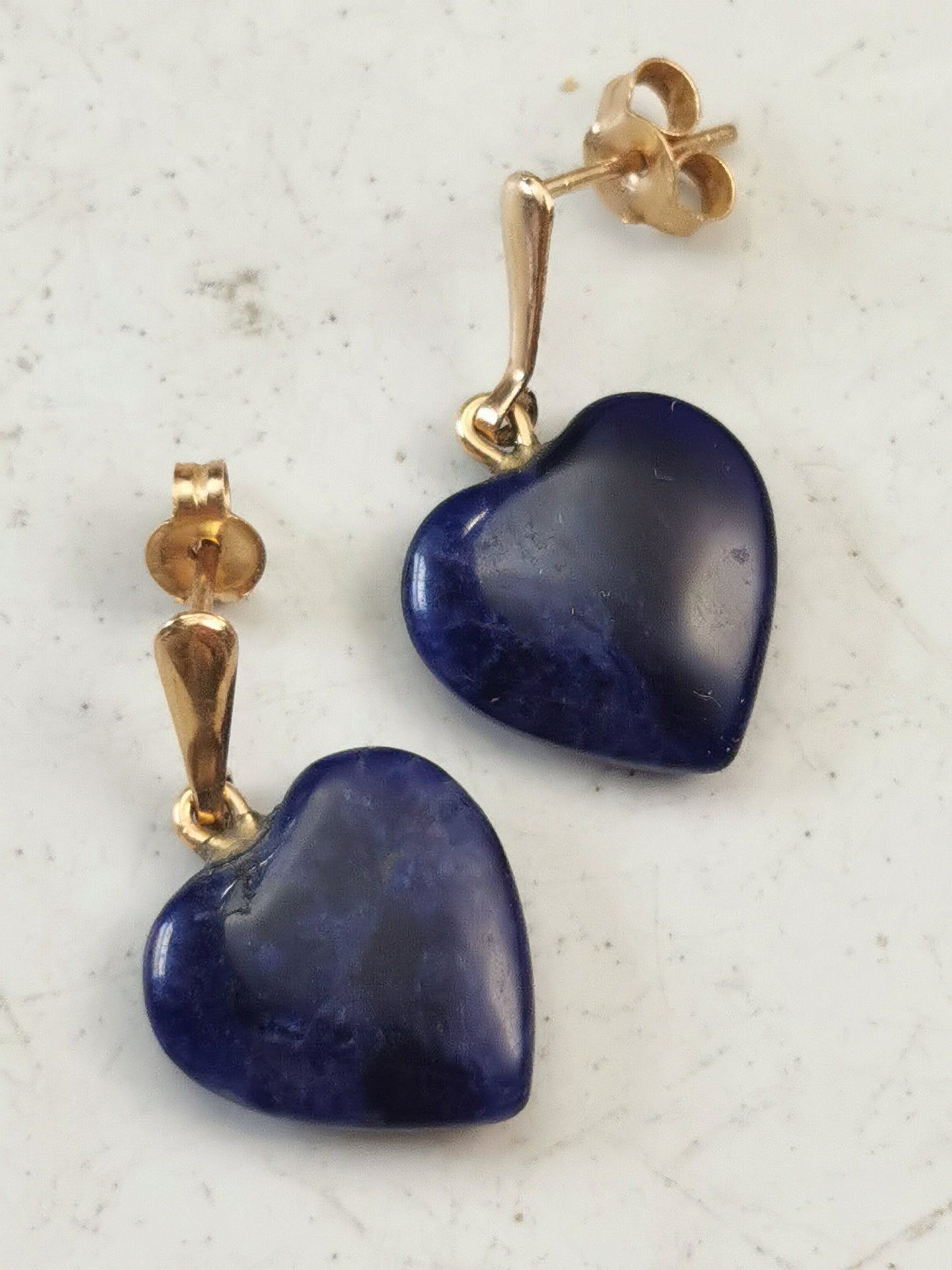 Vintage 14k Yellow Gold Sodalite Heart Dangle Stud Earrings
