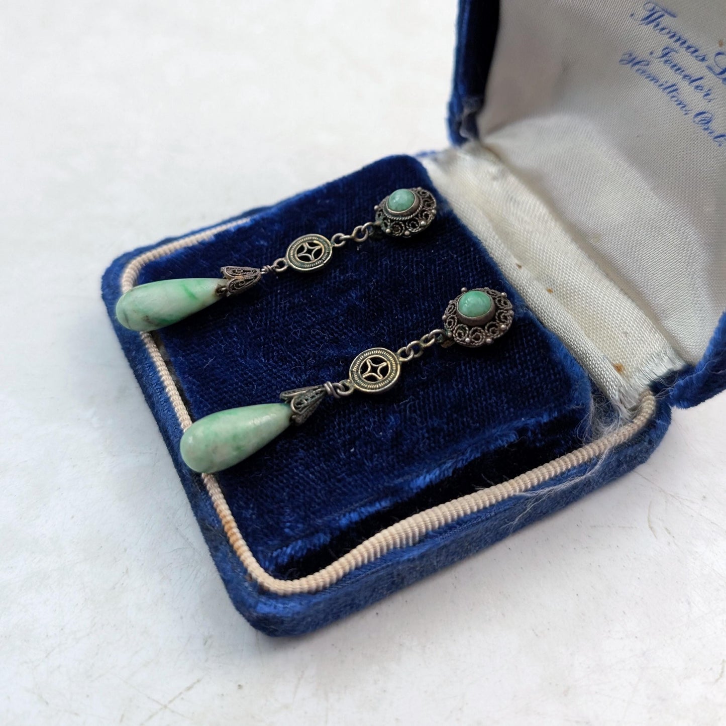 Vintage Chinese Export Jade Tear Drop Earrings - 14k Post Pierced Earrings - Gild Silver Filigree Dangle Stud Earrings