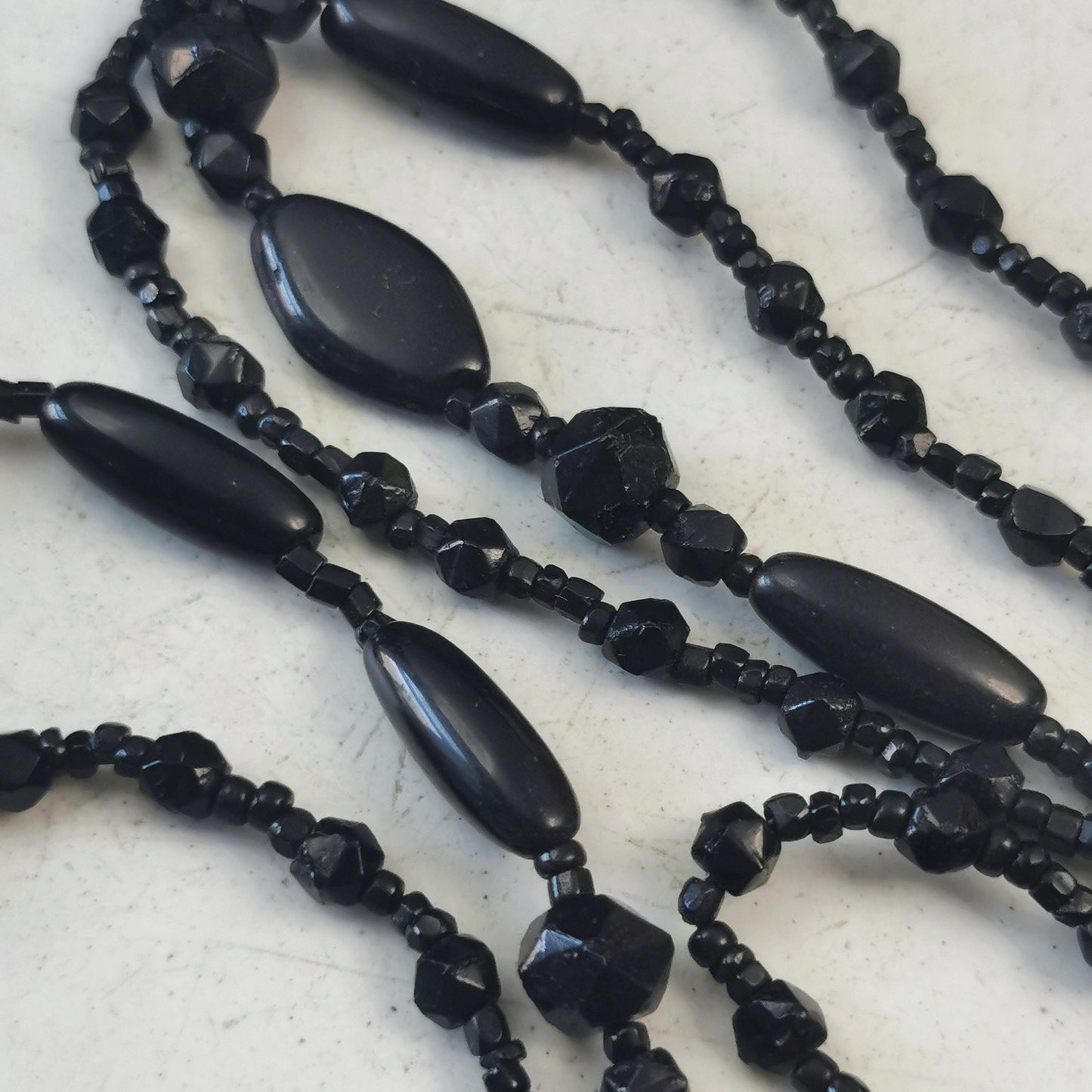 Victorian Black Glass Mourning Beads - Long Guard Chain Mourning Necklace