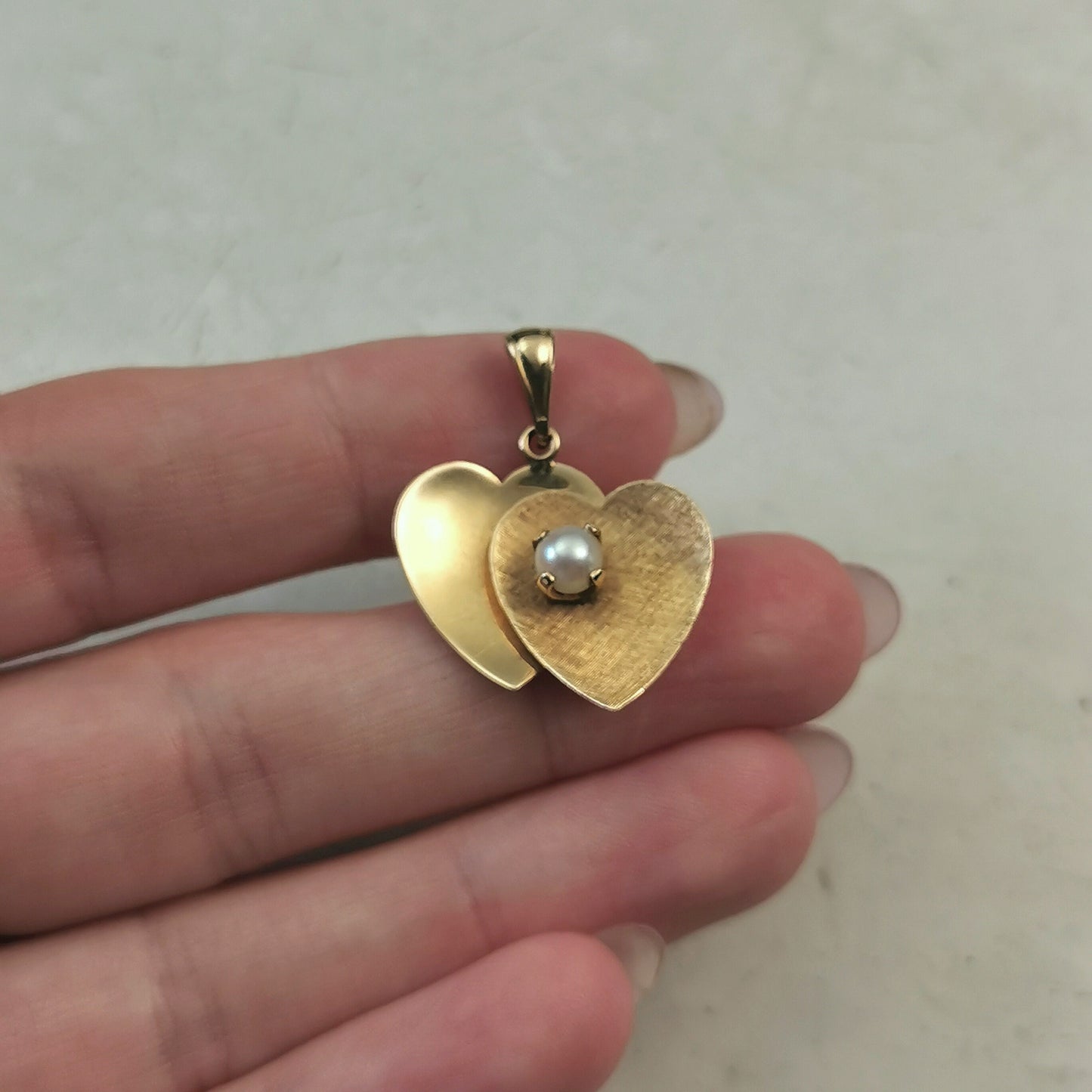 Vintage Birks 14k Yellow Gold Double Heart Pendant - Cultured Pearl - Love