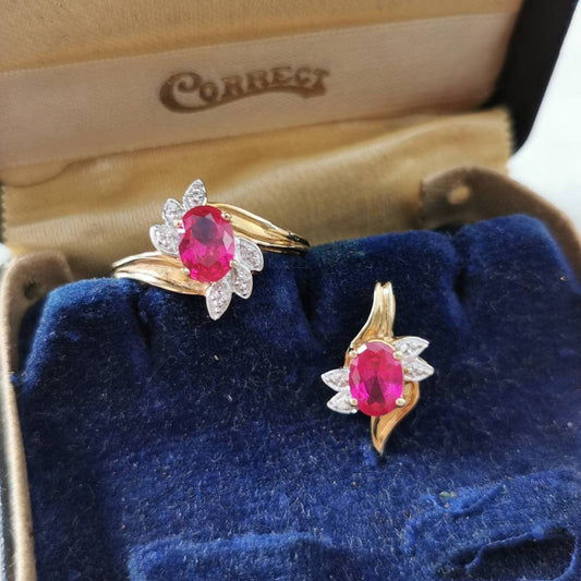 Estate 10k Yellow Gold Lab Ruby and Diamond Ring and Pendant Set