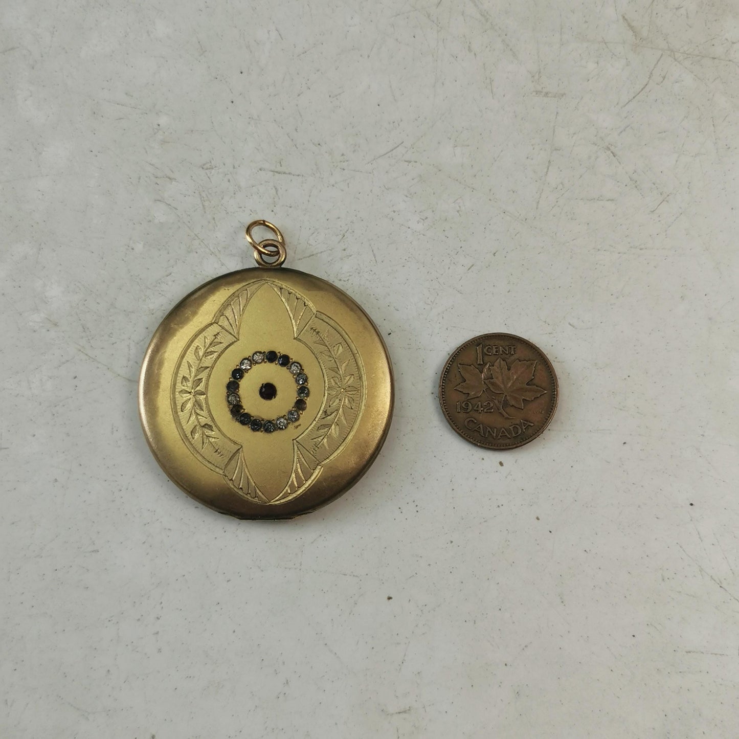 Victorian Edwardian Gold Filled Large Locket - Paste Rhinestone - Flower Patterned Photo Locket