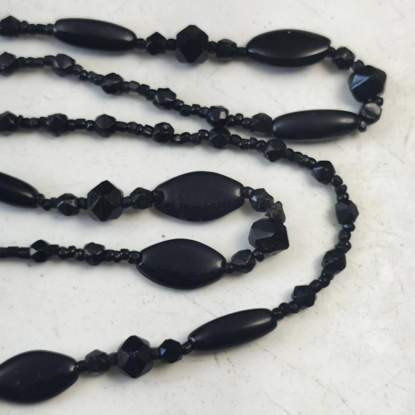 Victorian Black Glass Mourning Beads - Long Guard Chain Mourning Necklace