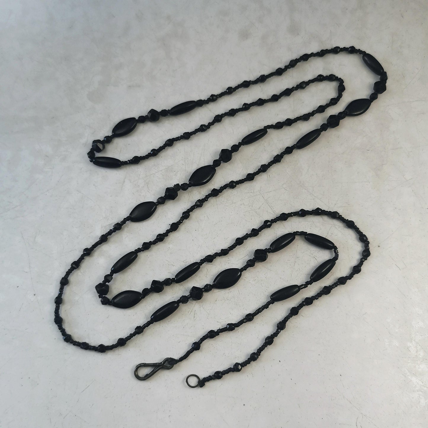 Victorian Black Glass Mourning Beads - Long Guard Chain Mourning Necklace