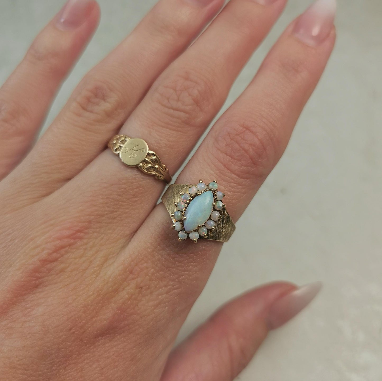 Vintage 10k Opal Cluster Ring - Mid-century Yellow Gold Marquise Opal Tiara Ring - Size 7