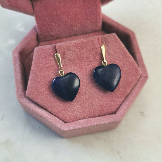 Vintage 14k Yellow Gold Sodalite Heart Dangle Stud Earrings