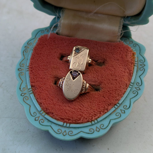 Vintage 10k gold Initia Signet Rings with Accent Gems