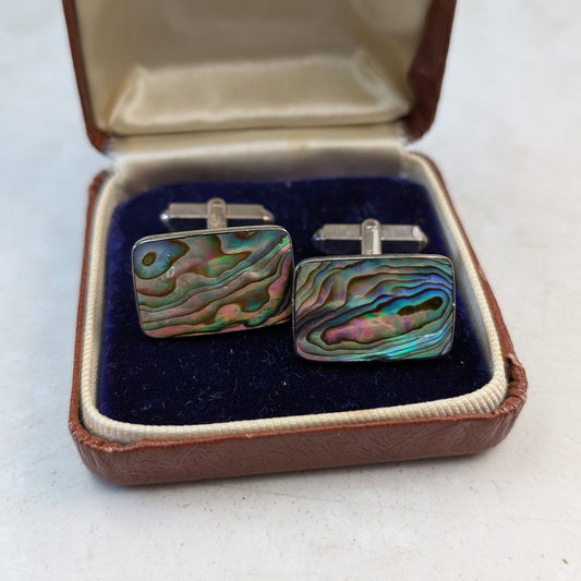 Vintage New Zealand Sterling Silver Abalone Shell Cuff Links