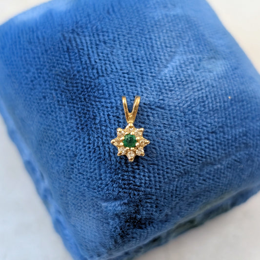 14k Yellow Gold Emerald and Diamond Cluster Flower Pendant