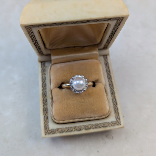 14k Yellow Gold Cultured Pearl Diamond Halo Ring