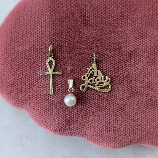 Miscellaneous Solid Gold Charms - 9K Ankh - 10k 5mm Pearl - 10k #1 Lady Pendant