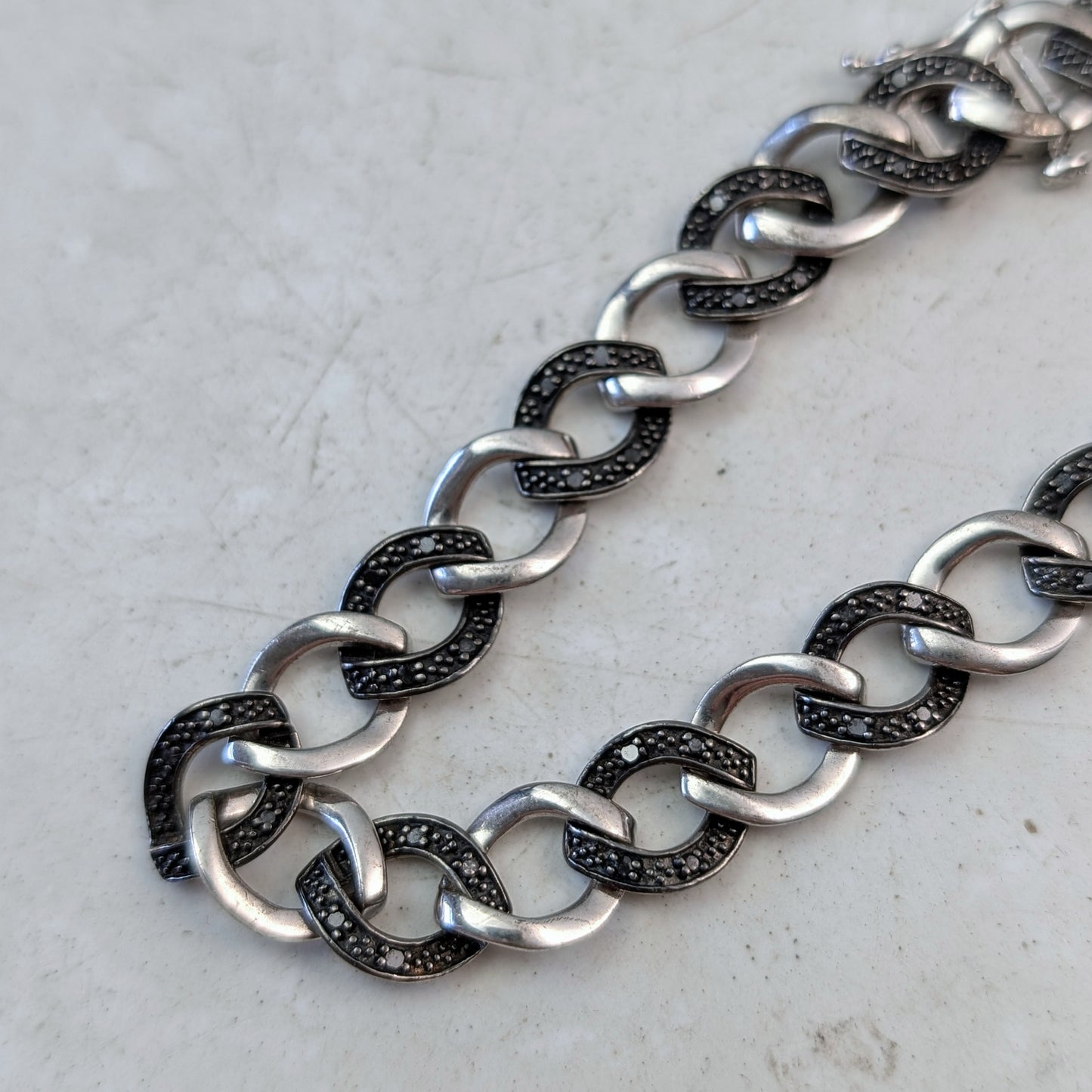 Estate Sterling Silver and Black Diamond Curb Link Bracelet