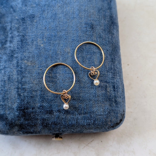 Vintage 14k Yellow Gold Sleeper Hoops with Filigree Pearl Charm