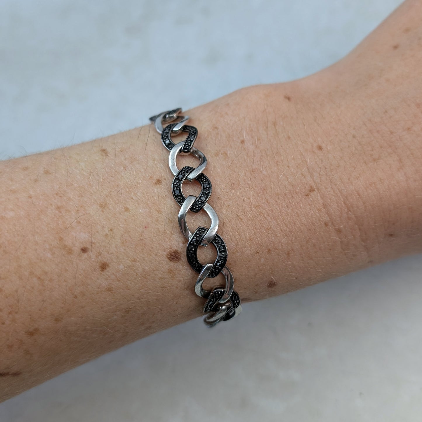 Estate Sterling Silver and Black Diamond Curb Link Bracelet