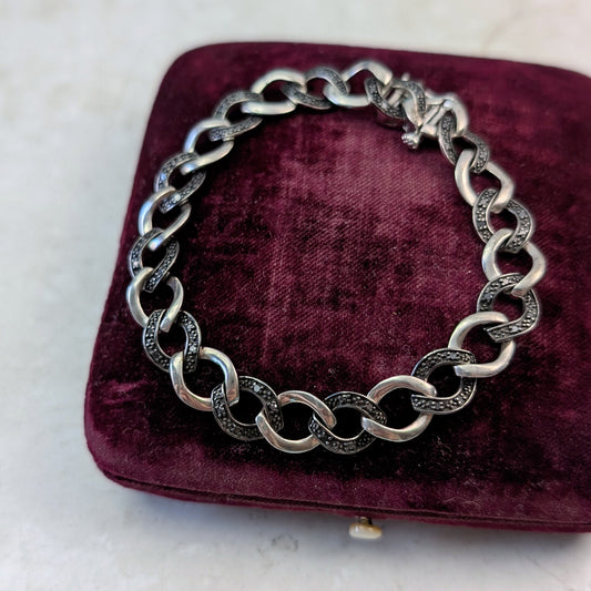 Estate Sterling Silver and Black Diamond Curb Link Bracelet