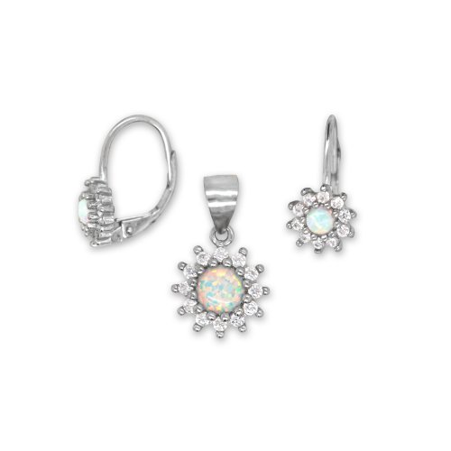 New Sterling Silver Created Opal and CZ Set - Lever Back Earrings and Pendant Necklace