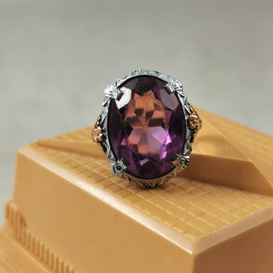 Art Deco 10k White Gold  Filigree & Paste Amethyst Cocktail Ring