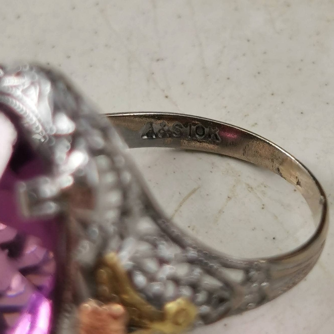 Art Deco 10k White Gold  Filigree & Paste Amethyst Cocktail Ring