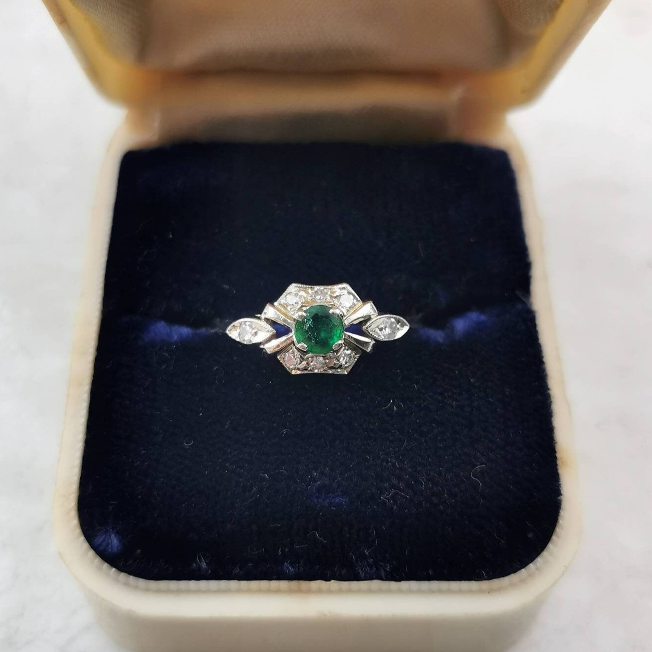 Estate 18k White Gold Emerald and Diamond Art Deco Style Ring
