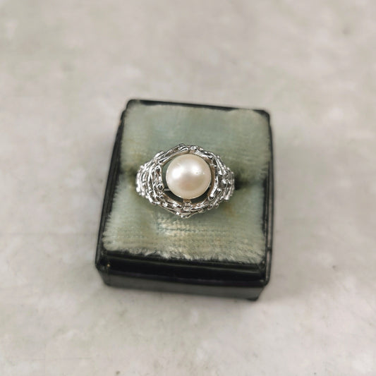 Vintage Mid-century Modern Sterling Silver Cultured Pearl Ring