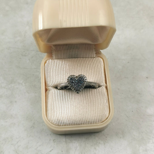 Estate Sterling Silver Blue & White Diamond Heart Ring
