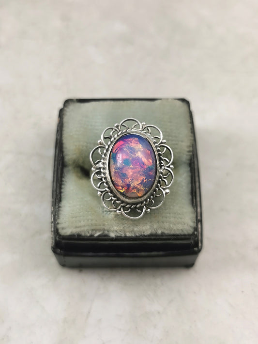 Vintage Mexican Sterling Silver Art Glass Opal Ring