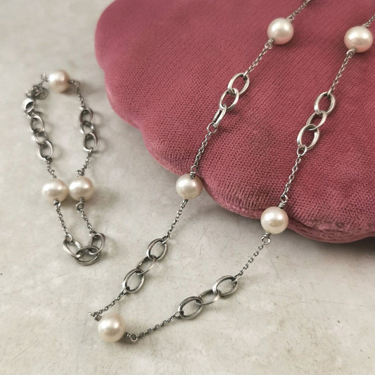 Estate Set of Sterling Silver and Cultured Pearl Station Chain Necklace and Bracelet