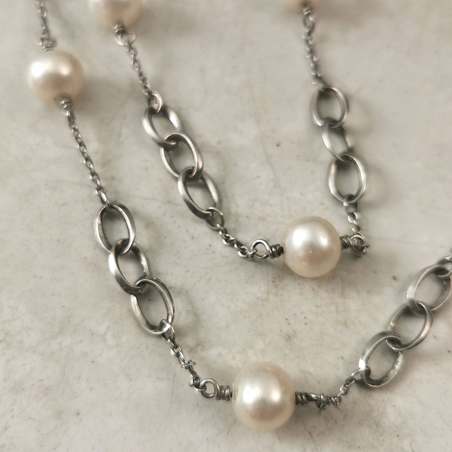 Estate Set of Sterling Silver and Cultured Pearl Station Chain Necklace and Bracelet