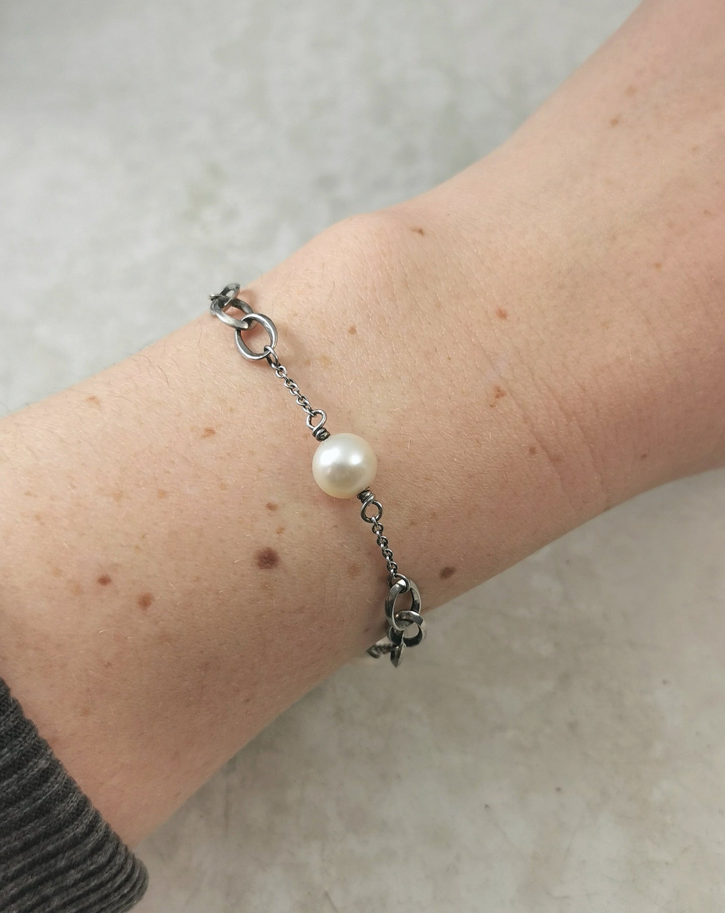 Estate Set of Sterling Silver and Cultured Pearl Station Chain Necklace and Bracelet