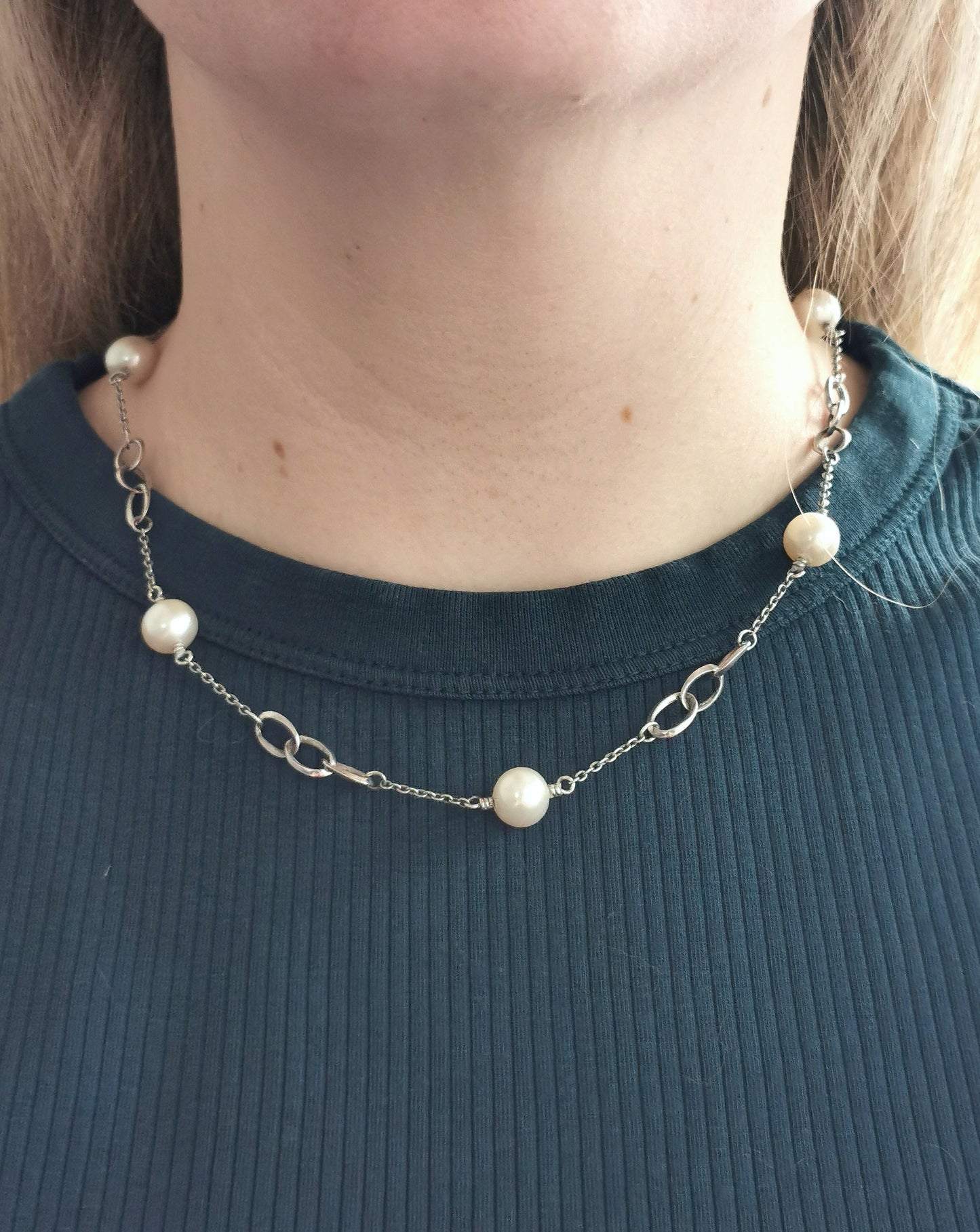 Estate Set of Sterling Silver and Cultured Pearl Station Chain Necklace and Bracelet