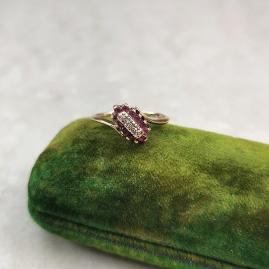 Estate 10k Yellow Gold Ruby & Diamond Cluster Bypass Ring