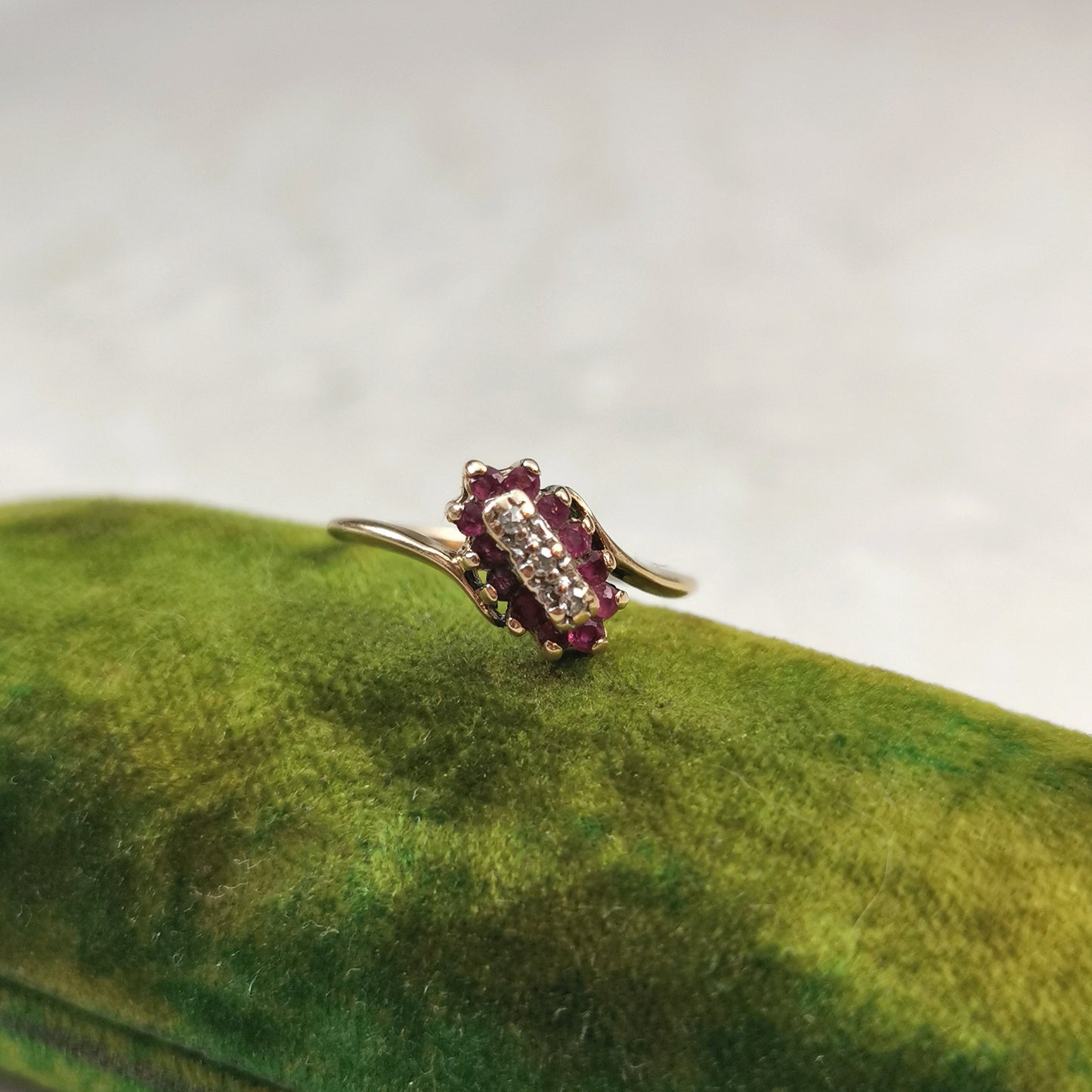 Estate 10k Yellow Gold Ruby & Diamond Cluster Bypass Ring