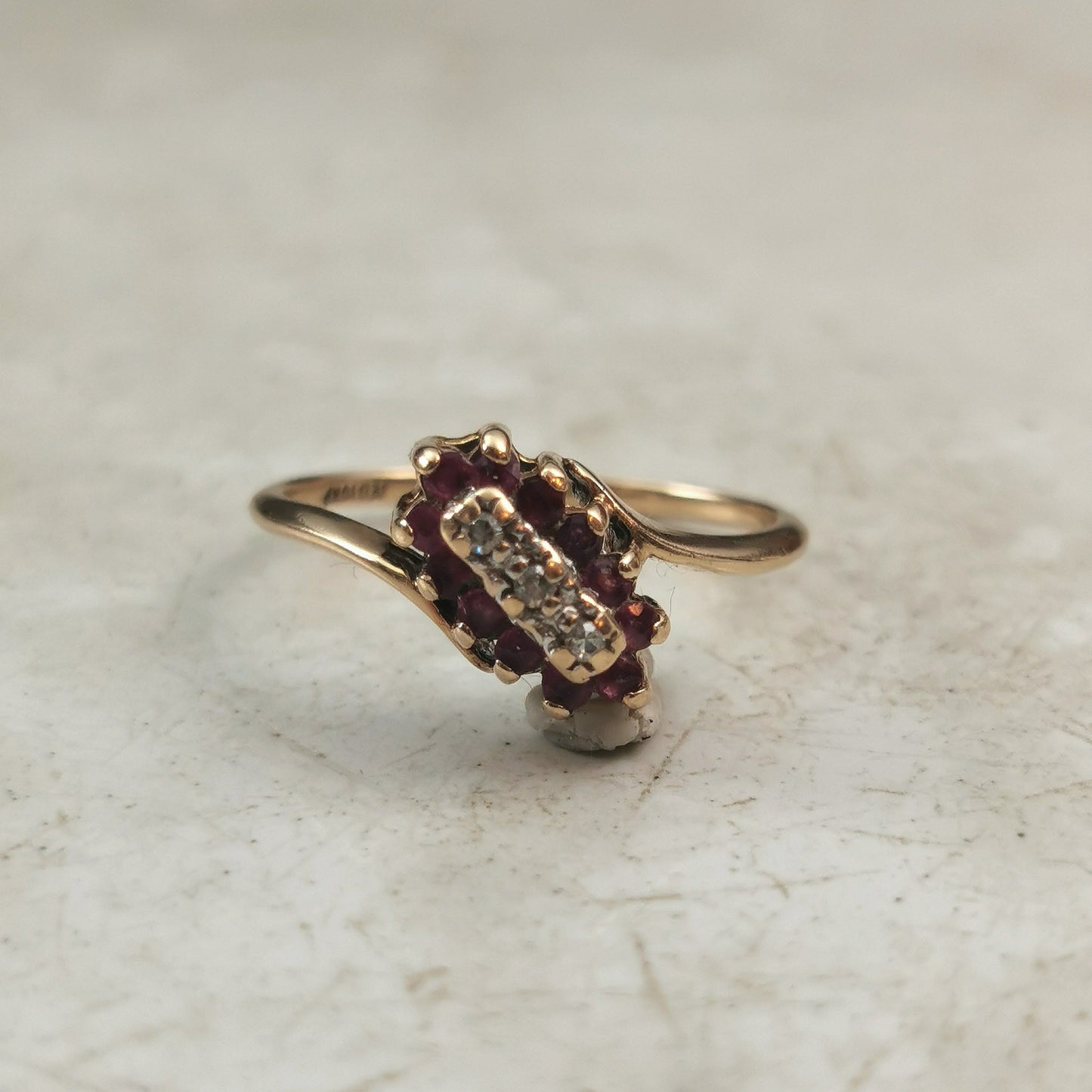 Estate 10k Yellow Gold Ruby & Diamond Cluster Bypass Ring