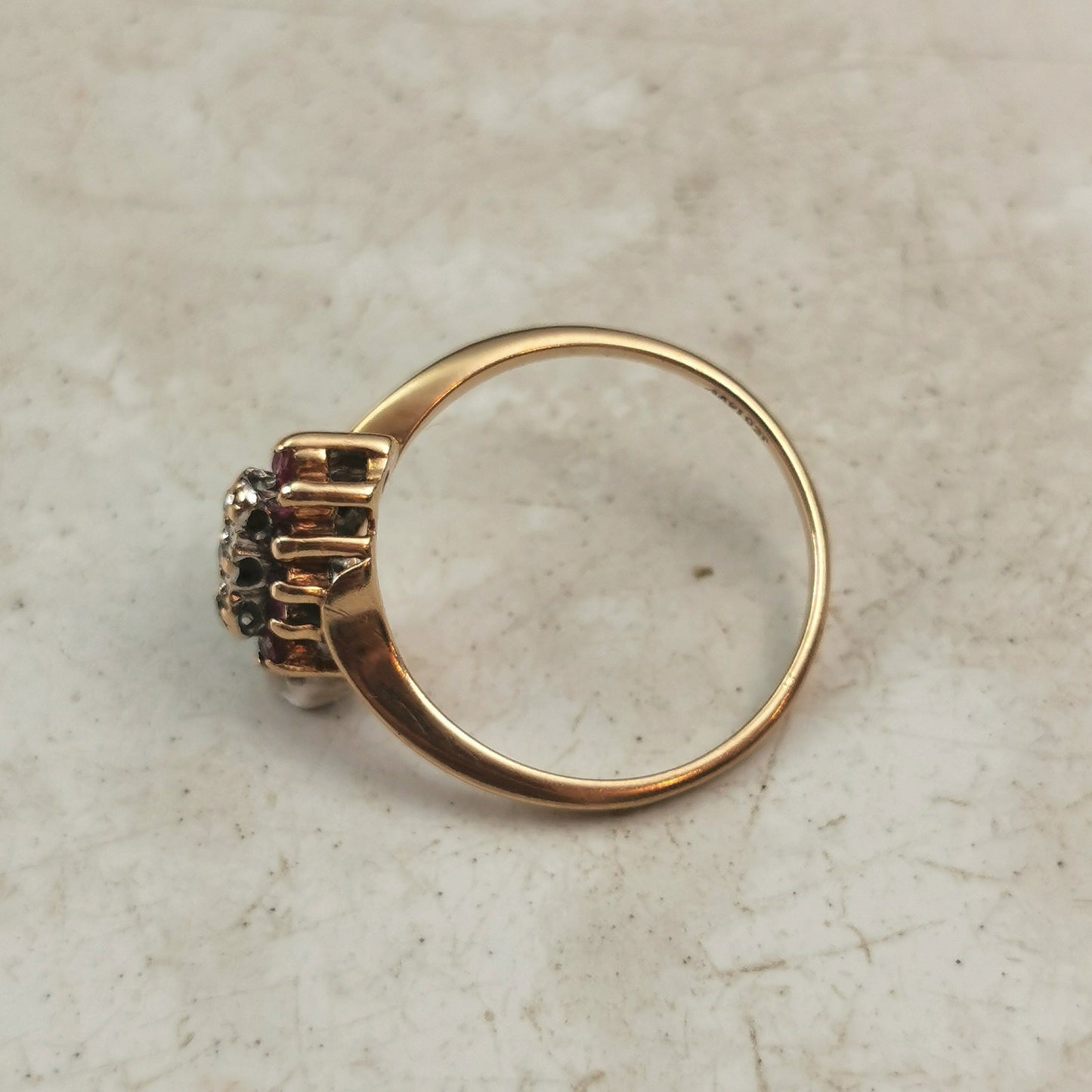Estate 10k Yellow Gold Ruby & Diamond Cluster Bypass Ring