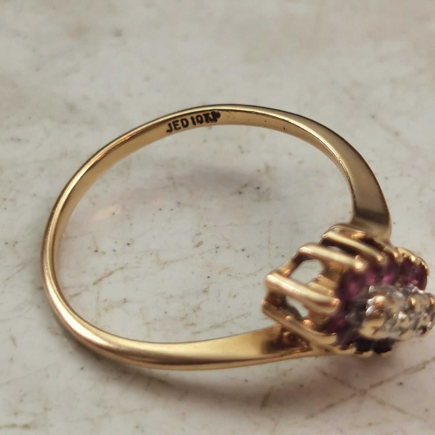 Estate 10k Yellow Gold Ruby & Diamond Cluster Bypass Ring