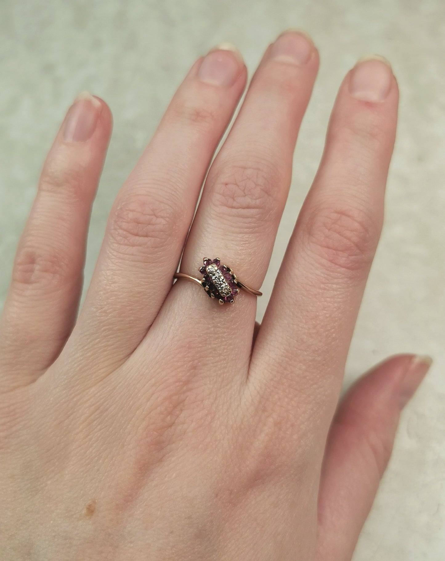 Estate 10k Yellow Gold Ruby & Diamond Cluster Bypass Ring